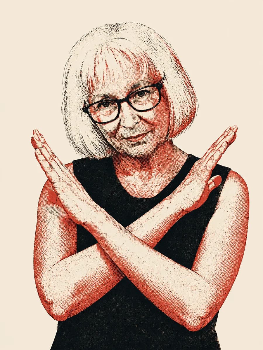 Playful editorial illustration of Mary-Lou crossing her forearms into an X