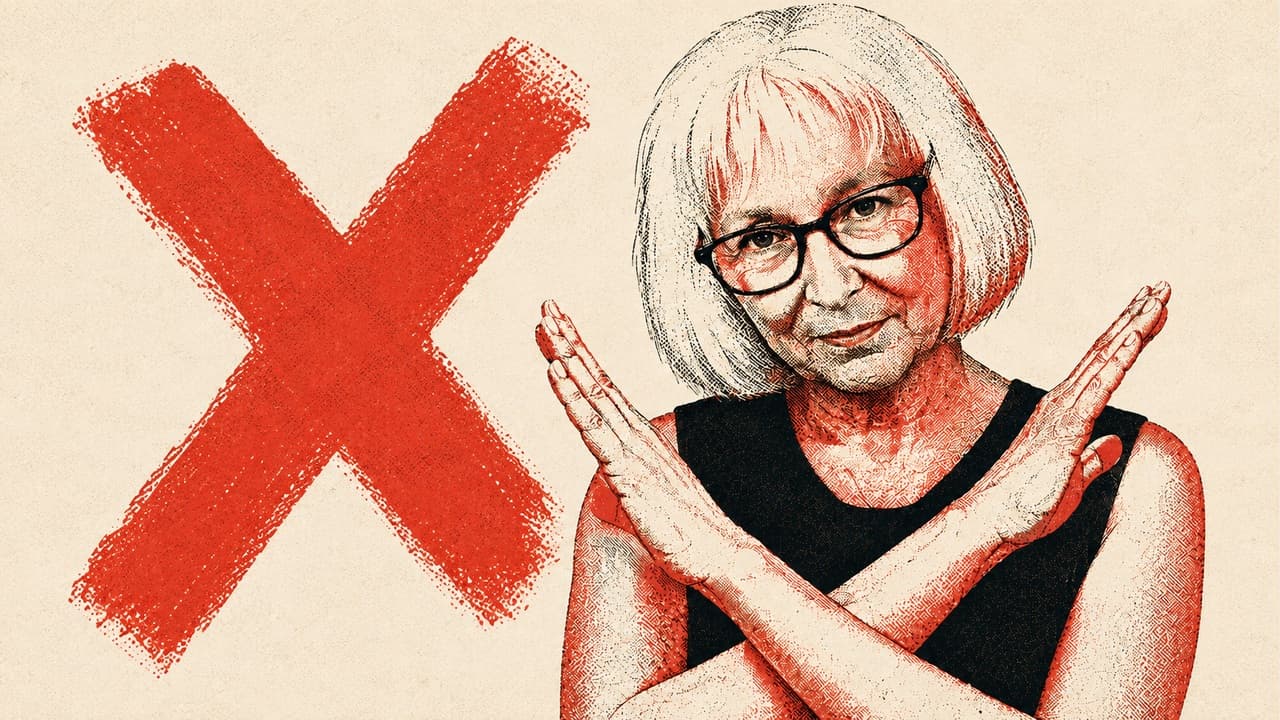 Illustrated Mary-Lou making an X with her arms beside a large red X. The supercut’s YouTube thumbnail.